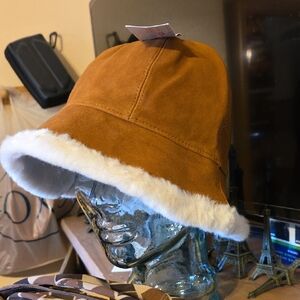 UGG Chestnut Suede Hat with White Fur Trim